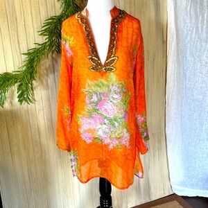 Eva Zissu Sheer Tunic, Gold Beaded Neck Embellishment, Orange Floral, Small, EUC